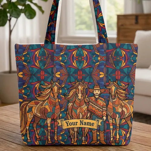Three Horses Curved Name Scroll - Everyday Carry Gift for Horse Lover Quilted Tote Bag