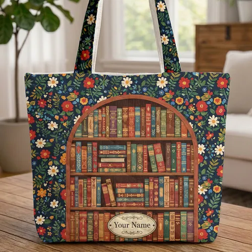 Bookshelf Vintage Books Daisy Petunia Personal Name - Everyday Carry Gift for Reader Quilted Tote Bag