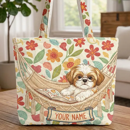 Shih Tzu Puppy Reading Book Hammock Summer Floral - Everyday Carry Gift for Shih Tzu Lovers Quilted Tote Bag