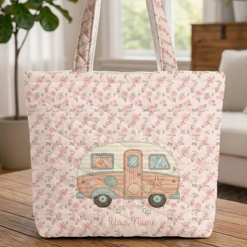 Vintage Camper Van Seashell Coral Rose Garland - Travel Essentials Gift Quilted Tote Bag