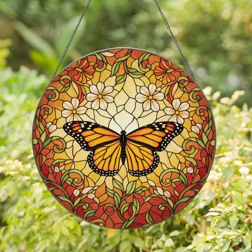Monarch Butterfly Floral Botanical - Home Decor Gift for Wildlife Lover Stained Glass Suncatcher