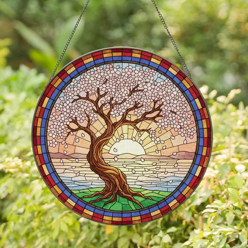 Ancient Cherry Blossom Tree Pink Blossoms Mosaic Sunset Waters - Home Decor Gift Stained Glass Suncatcher