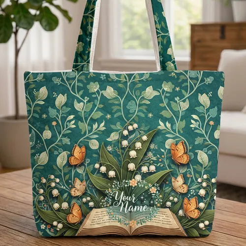 Ornate Open Book Lily Valley Butterflies Personalized Floral Wreath Everyday Carry Gift Quilted Tote Bag