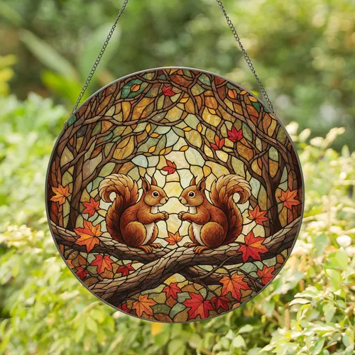 Two Squirrels Conversing Tree Branch Autumn Maple Leaves Woodland - Everyday Home Decor Gift Stained Glass Suncatcher