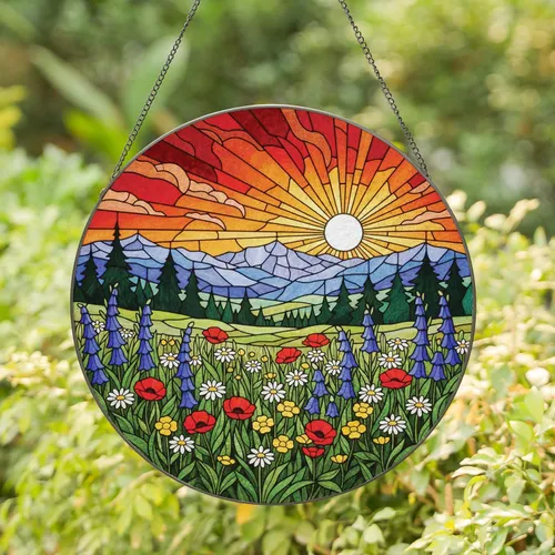 Panoramic Wildflower Meadow Mountains Sunrise Sunset - Home Decor Gift for Nature Lover Stained Glass Suncatcher