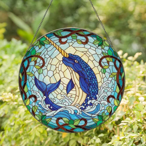 Blue Narwhal Leaping Waves Green Foliage - Ocean Home Decor Gift for Marine Life Lover Stained Glass Suncatcher
