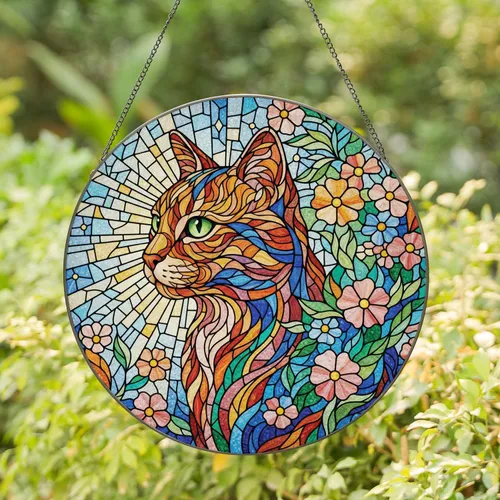 Majestic Cat Head Piercing Eye Stained Glass Floral Mosaic - Home Decor Gift for Cat Lover Stained Glass Suncatcher