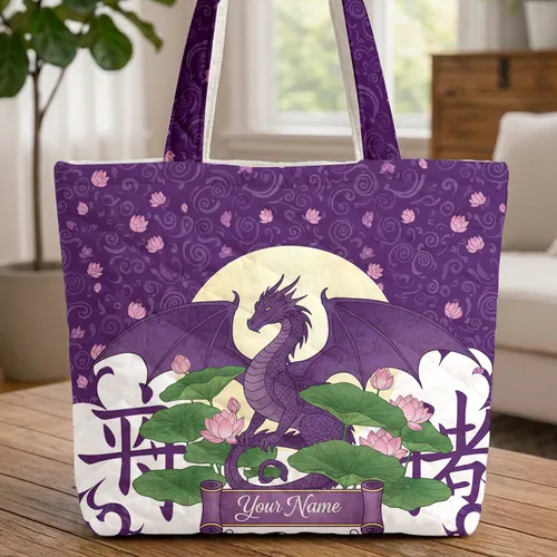 Majestic Purple Dragon Lily Pad Lotus Moon - Everyday Carry Fantasy Lover Gift Quilted Tote Bag