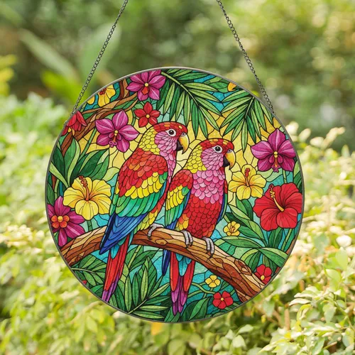 Lovebirds Perched Tropical Jungle Branch Foliage - Wildlife Lover Lifestyle Home Decor Gift Stained Glass Suncatcher