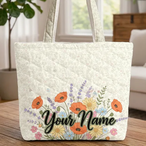 Personalized Wildflower Bouquet Poppies Lavender Daisies - Everyday Carry Gift for Her Quilted Tote Bag