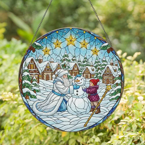 Santa Claus Child Snowman Village Glowing Stars - Christmas Winter Holiday Decor Gift Stained Glass Suncatcher