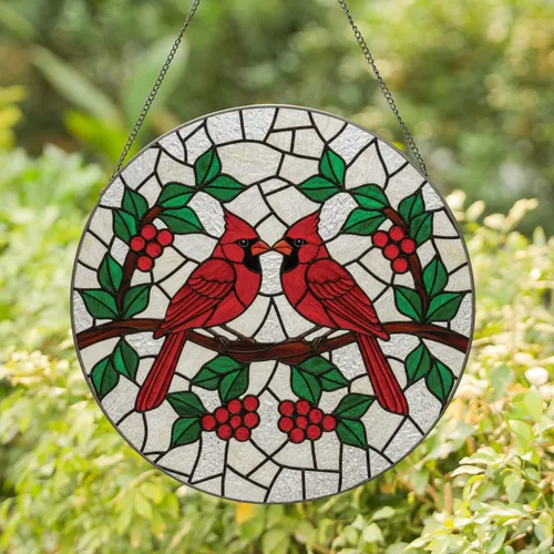 Two Cardinal Birds Tree Branch Red Berries Home Decor Gift for Wildlife Lover Stained Glass Suncatcher