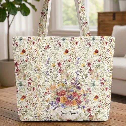 Wildflower Bouquet Botanical Wreath Personalized - Everyday Carry Gift For Her Quilted Tote Bag