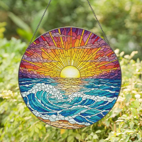 Sun Ocean Waves Reflection Sun Rays Layered Clouds Shoreline - Coastal Home Decor Gift for Ocean Lovers Stained Glass Suncatcher
