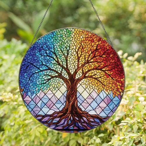 Tree of Life Thick Trunk Spreading Branches Stained Glass Mosaic - Home Decor Gift Stained Glass Suncatcher