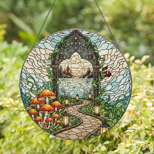 Orange Mushroom Gothic Archway Stone Path Lanterns Cranes - Home Decor Gift Stained Glass Suncatcher