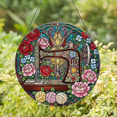 Ornate Vintage Sewing Machine Roses Peonies Yarn Balls - Home Decor Gift for Crafters Stained Glass Suncatcher