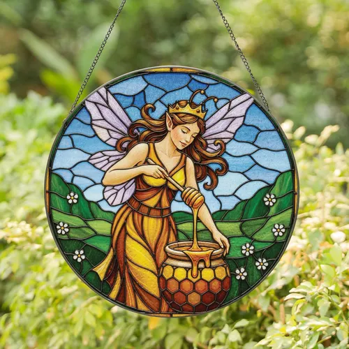Golden Crown Lavender Wings Bee-Fairy Honeycomb Pot Stained Glass Mosaic Sky - Home Decor Gift Stained Glass Suncatcher