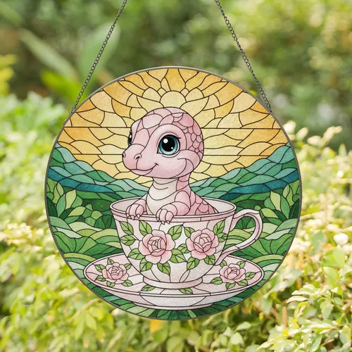 Baby Dinosaur Teacup Hillside Scene - Dinosaur Home Decor Gift Stained Glass Suncatcher