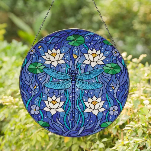 Blue Dragonfly White Lotus Water Lily Pads Aquatic Garden - Home Decor Gift for Gardeners Stained Glass Suncatcher