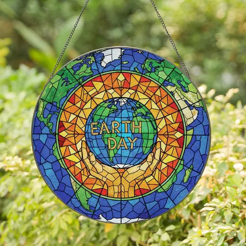 Stained Glass Earth Globe Cupped Hands Geometric Mosaic - Earth Day Celebration Gift Stained Glass Suncatcher