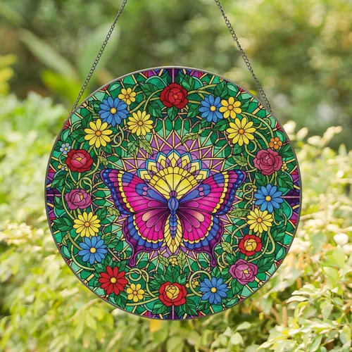 Ornate Butterfly Floral Wreath Sunburst Mandala - Home Decor Gift for Butterfly Lover Stained Glass Suncatcher