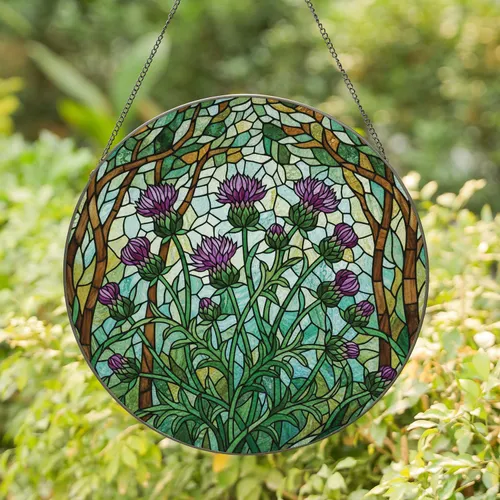 Deep Violet Thistle Flowers Green Leaves Organic Shapes - Home Decor Gift Stained Glass Suncatcher