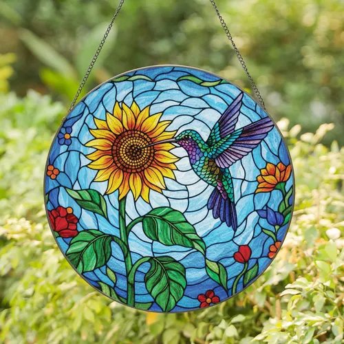 Hummingbird Sunflower Swirling Sky - Home Decor Gift for Wildlife Lover Stained Glass Suncatcher