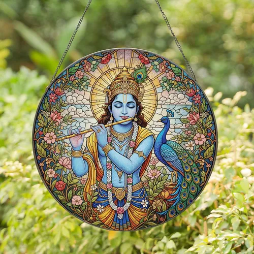 Lord Krishna Golden Flute Blue Peacock Floral Garden - Spiritual Decor Gift Stained Glass Suncatcher