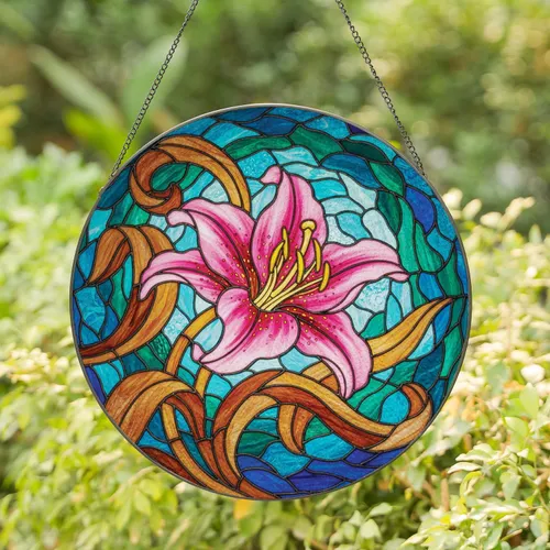 Pink Lily Flower Golden Stamen Mosaic Water Tessellation - Home Decor Gift for Plant Lover Stained Glass Suncatcher