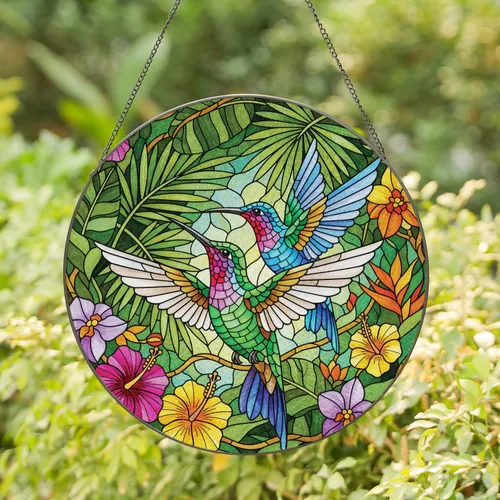 Hummingbirds Tropical Flowers Foliage - Wildlife Lover Home Decor Gift Stained Glass Suncatcher