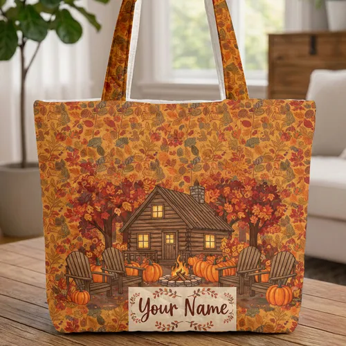 Log Cabin Fire Pit Pumpkins Autumn Leaves Adirondack Chairs - Everyday Carry Gift Quilted Tote Bag