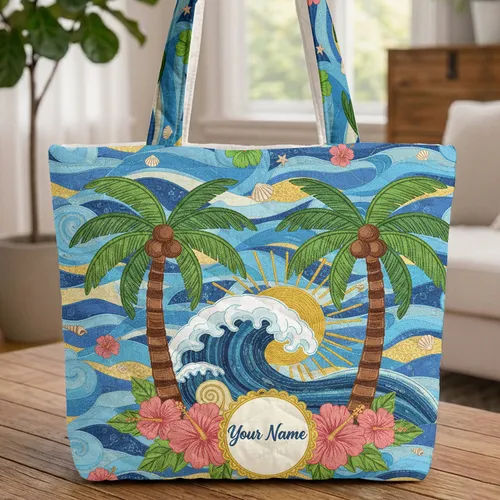 Palm Trees Ocean Wave Sun Tropical Hibiscus Seashells Travel Essentials Gift Quilted Tote Bag