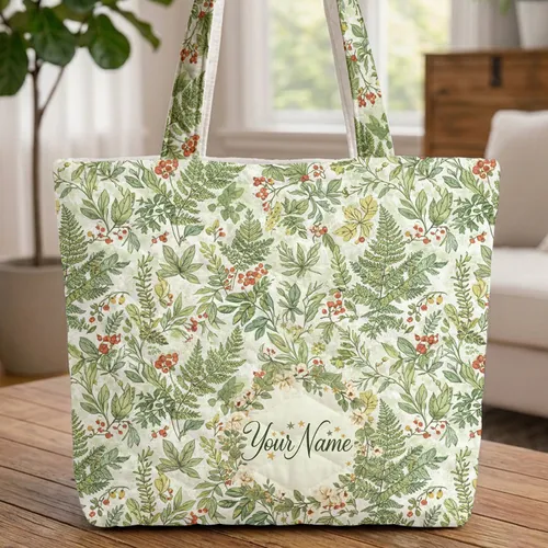 Vintage Botanical Wreath Fern Fronds Berry Branches - Everyday Nature Carry Gift Quilted Tote Bag