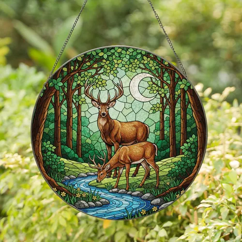 Stag Deer Drinking Crescent Moon Forest Stream - Wildlife Lover Home Decor Gift Stained Glass Suncatcher