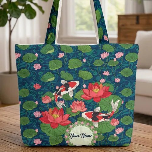 Three Koi Fish Two Lotus Flowers Lily Pads Water Ripples - Everyday Carry Gift Quilted Tote Bag