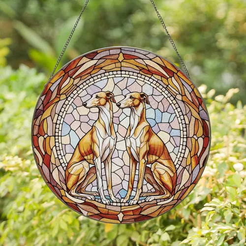 Greyhound Whippet Sighthound Dogs Mirrored Embrace Circular Mosaic - Home Decor Gift Stained Glass Suncatcher