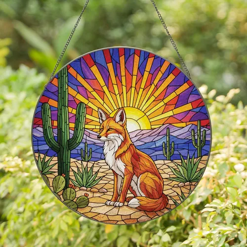 Desert Fox Saguaro Cactus Prickly Pear Desert Mountains - Wildlife Home Decor Gift Stained Glass Suncatcher