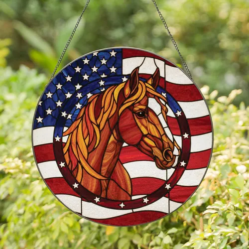 Majestic Horse Head American Flag Independence Day Gift for Horse Lovers & Veterans Stained Glass Suncatcher