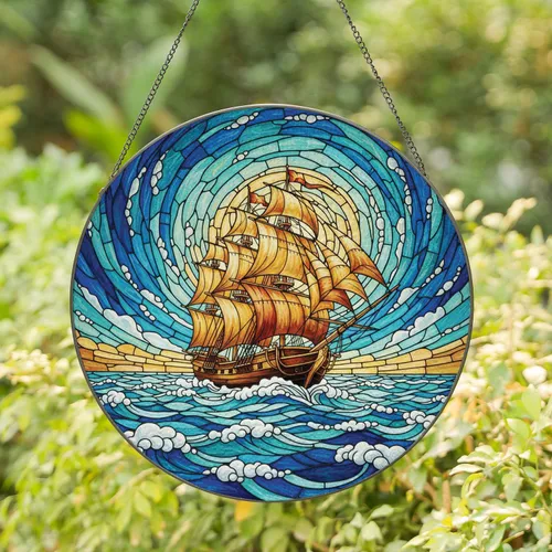 Tall Ship Sailing Ocean Waves Sky Scene - Stained Glass Home Decor Gift Stained Glass Suncatcher