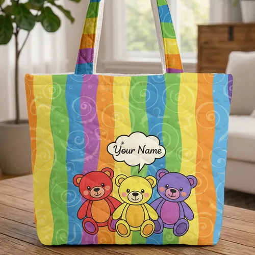 Teddy Bears Rainbow Sparkle Name Bubble - Everyday Carry Gift for Children Quilted Tote Bag