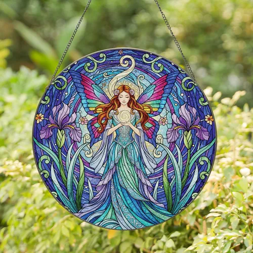 Fairy Butterfly Iris Floral Celestial Swirls - Home Decor Gift for Fantasy Lover Stained Glass Suncatcher