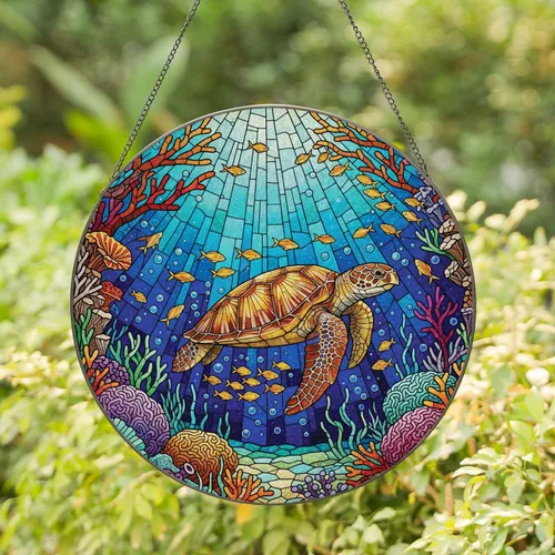 Magnificent Sea Turtle Coral Reef Underwater World Home Decor Gift for Ocean Lover Stained Glass Suncatcher