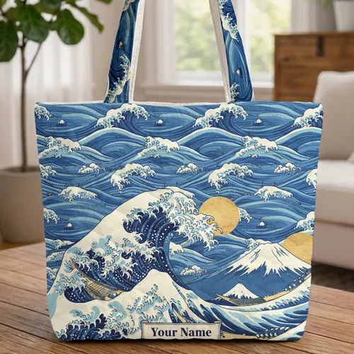Ocean Waves Mount Fuji Fishing Boats Rising Sun Travel Essentials Quilted Tote Bag