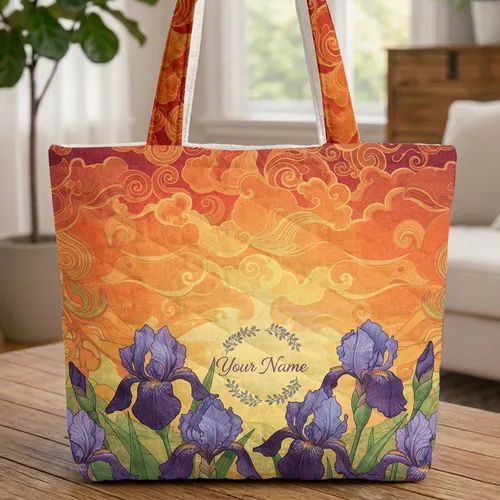 Irises Name Wreath Sunset Cloud Swirls Interwoven Lines - Everyday Carry Gift Quilted Tote Bag