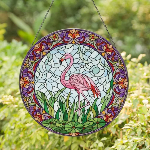 Pink Flamingo Stained Glass Floral Border - Wildlife Home Decor Gift for Flamingo Lover Stained Glass Suncatcher