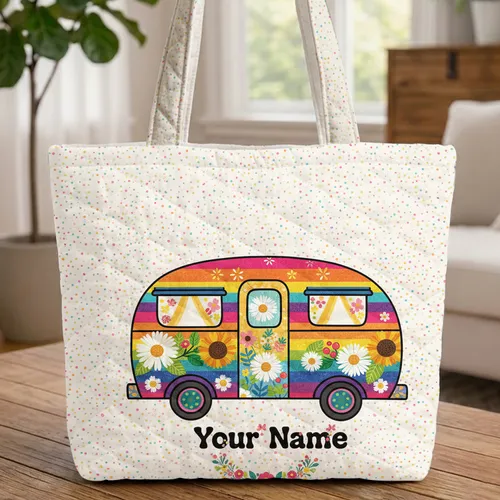 Patchwork Camper Van Rainbow Stripes Daisies Sunflowers Floral Name Wreath Confetti - Travel Essentials Quilted Tote Bag