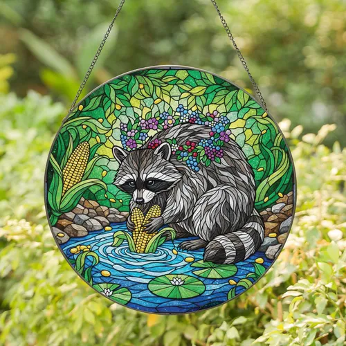 Raccoon Washing Corn Floral Wreath River Rocks Lily Pads Water Ripples - Wildlife Lover Home Decor Gift Stained Glass Suncatcher