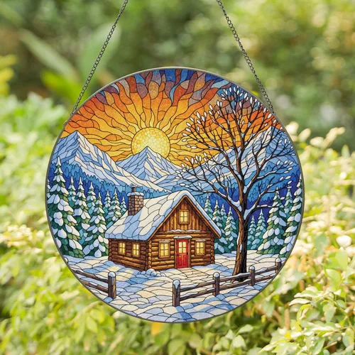 Snow Covered Log Cabin Mountain Sunset - Winter Home Decor Gift for Cabin Lovers Stained Glass Suncatcher