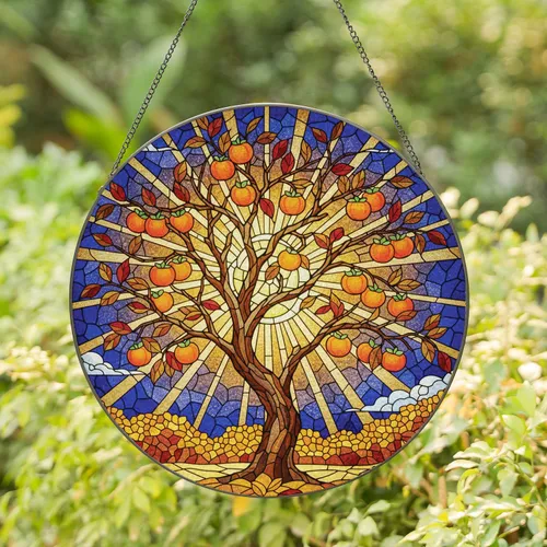 Gnarled Tree Persimmon Autumn Leaves Sun Rays - Home Decor Gift for Nature Lover Stained Glass Suncatcher